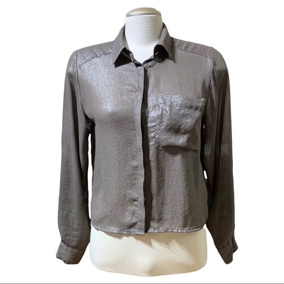 2/$20 H&M Brown Gray Shimmer Button Down Long Sleeves Blouse Size 2 - Picture 1 of 8